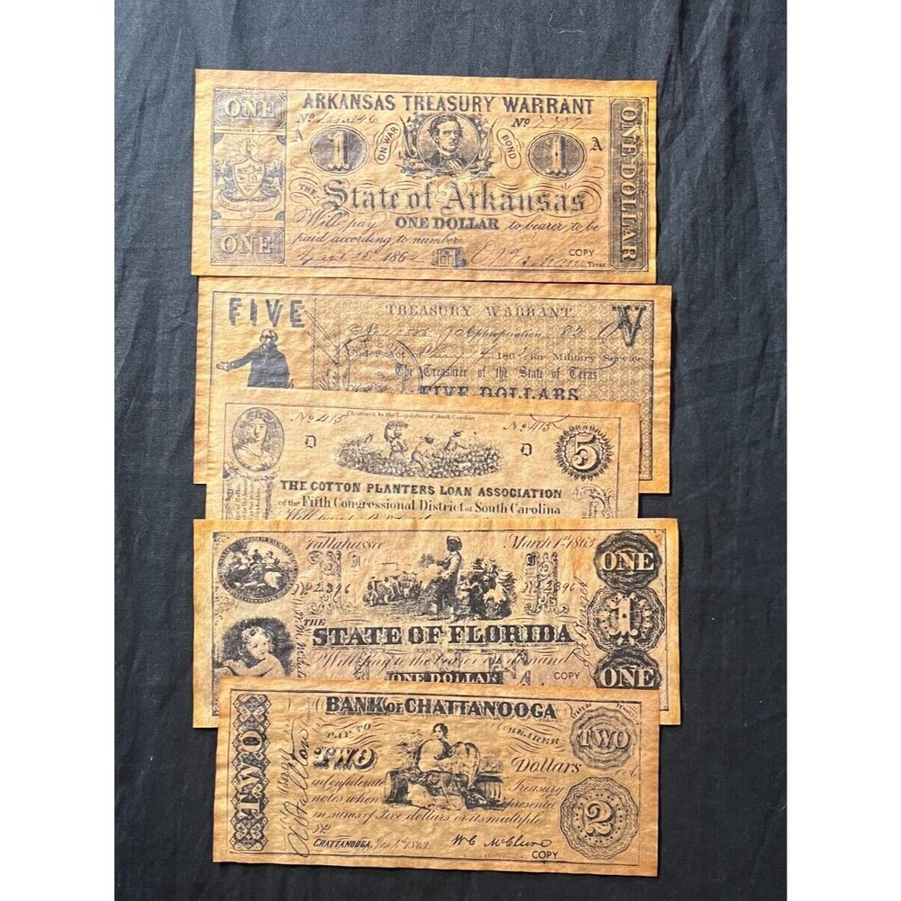 5 *Reproduction* Confederate American Banknotes Civil War Play Money & Frame